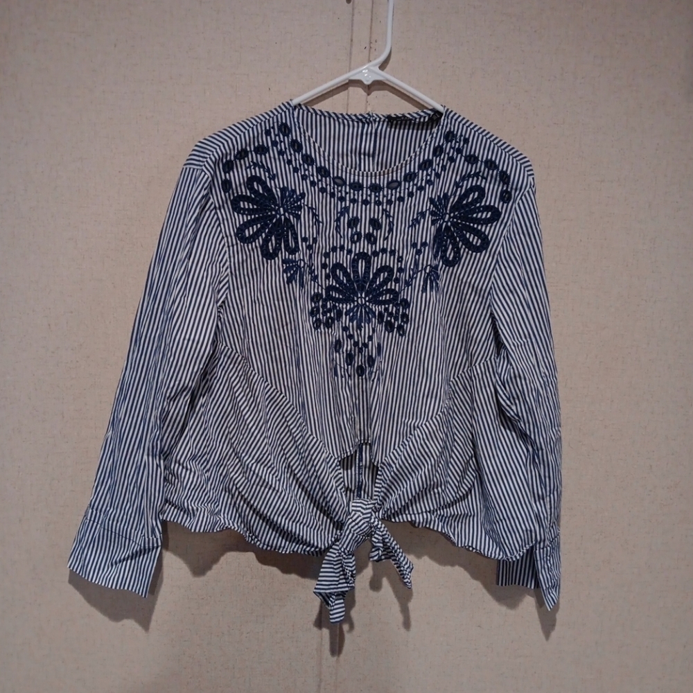 Zara Blue White Stripe Embroidered Tie Top M RARE Eyelet Blogger